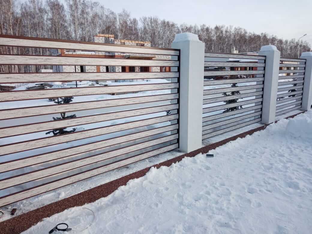 забор-ранчо из металлопланкена 130м каштан красный + беленый дуб фото4 в Шымкенте